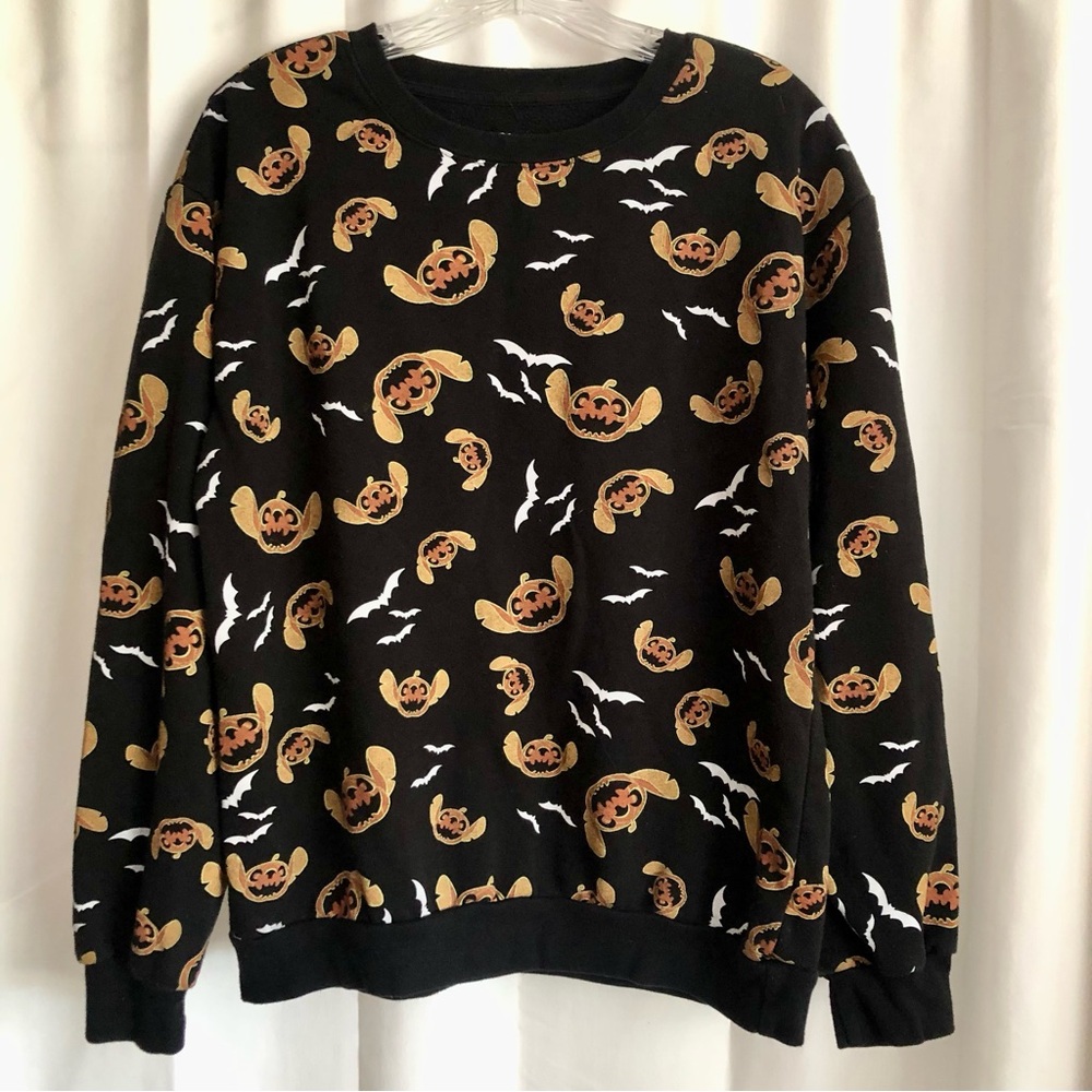 Disney Stitch Halloween Black Sweatshirt bats pumpkins Large Juniors (11-13)